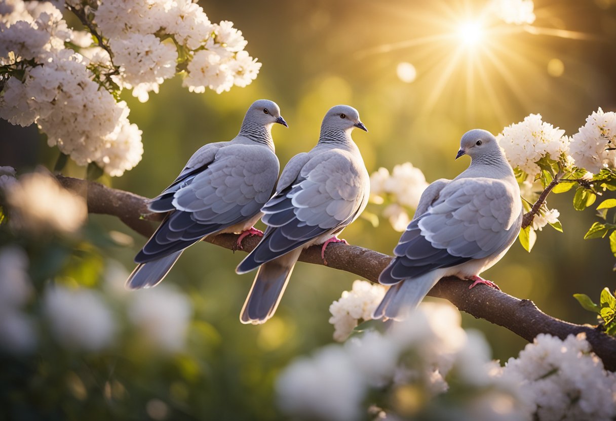 A pair of grey doves perched on a branch, surrounded by blooming flowers and rays of sunlight, symbolizing healing and renewal