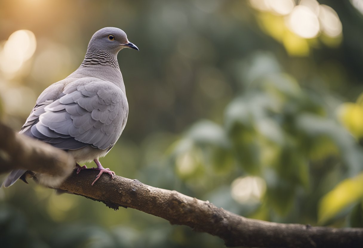 A grey dove perched on a branch, with a peaceful expression and wings slightly outstretched, surrounded by soft rays of light