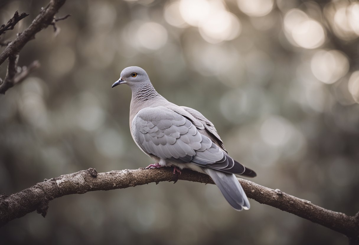 A grey dove perched on a bare tree branch, surrounded by muted tones of grey and white. Its wings are outstretched, symbolizing peace and spirituality