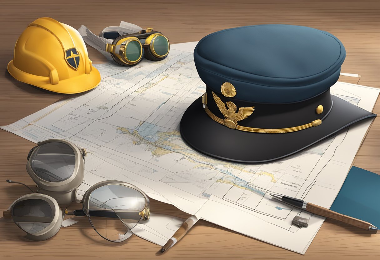 A pilot's cap and goggles rest on a desk, surrounded by some paperwork.