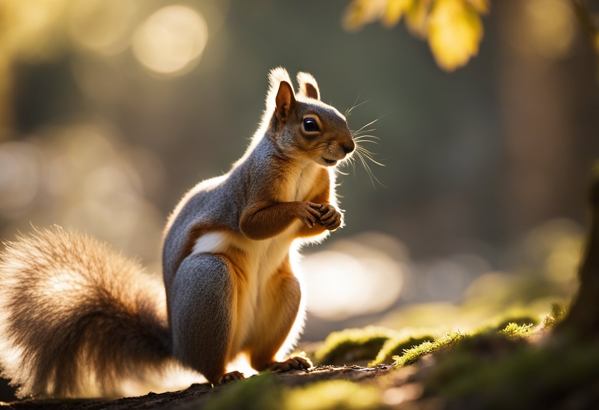 A squirrel stands on hind legs, facing a sunlit path, with an aura of curiosity and wisdom. Its eyes are bright, and its tail is raised, symbolizing a message of resourcefulness and preparation