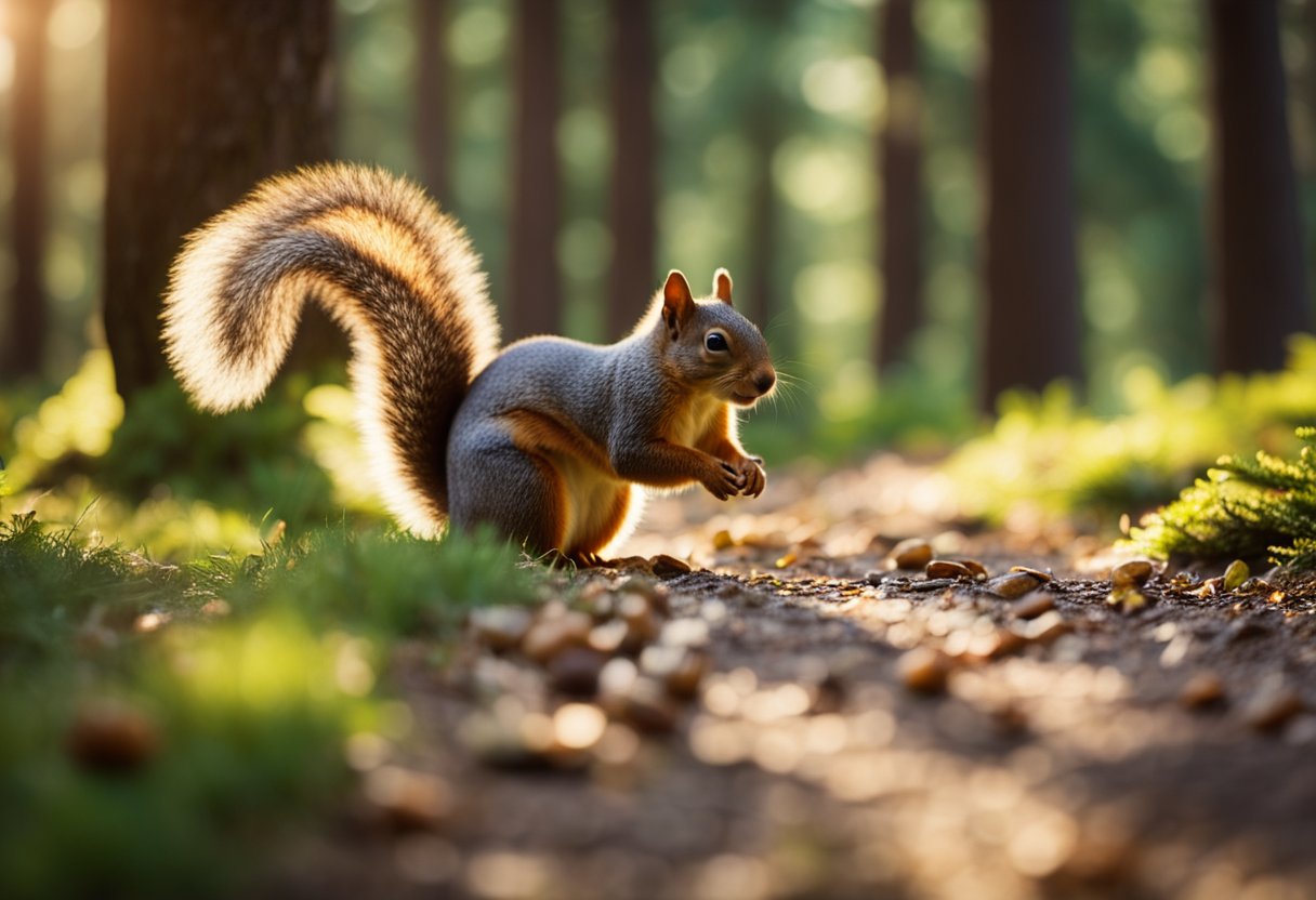 Squirrels scampering, leaping, and gathering nuts in a vibrant forest setting. A squirrel crosses a path, symbolizing resourcefulness and preparation