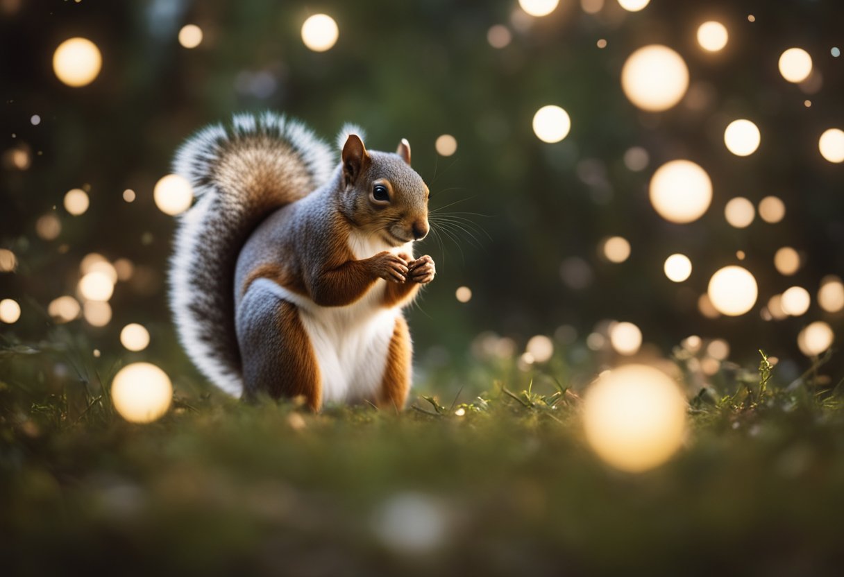 A squirrel stands on hind legs, surrounded by glowing orbs, symbolizing spiritual encounters in dreams