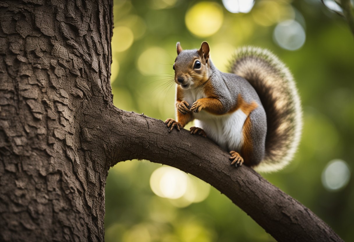 A squirrel perched on a tree branch, its tail twitching, as it locks eyes with a passerby, conveying a sense of curiosity and significance