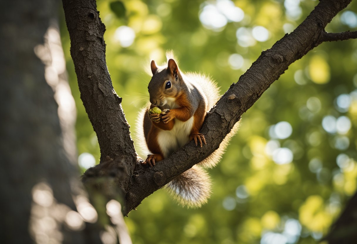 A squirrel sits on a tree branch, holding an acorn in its paws. The sunlight filters through the leaves, casting dappled shadows on the ground below