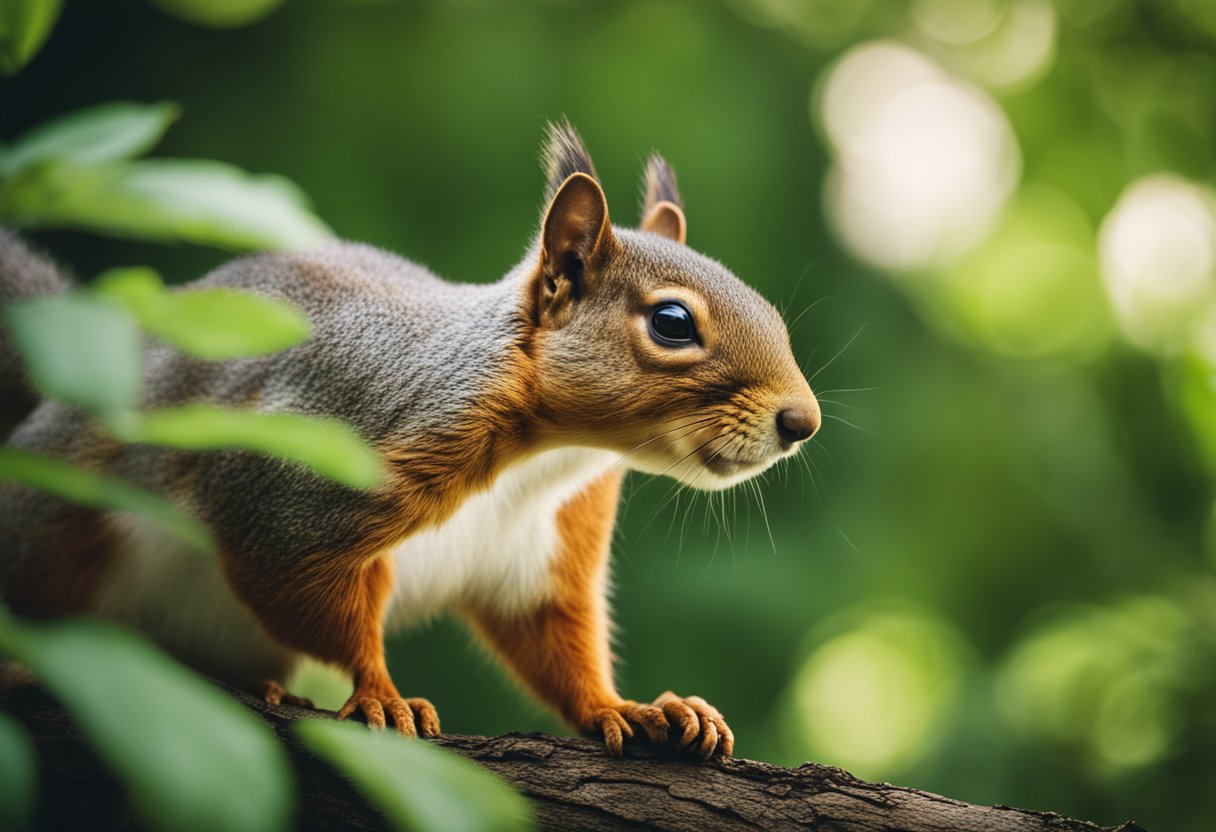 A squirrel perched on a tree branch, surrounded by vibrant green leaves. Its bushy tail is prominently displayed as it watches the world below with curiosity and alertness