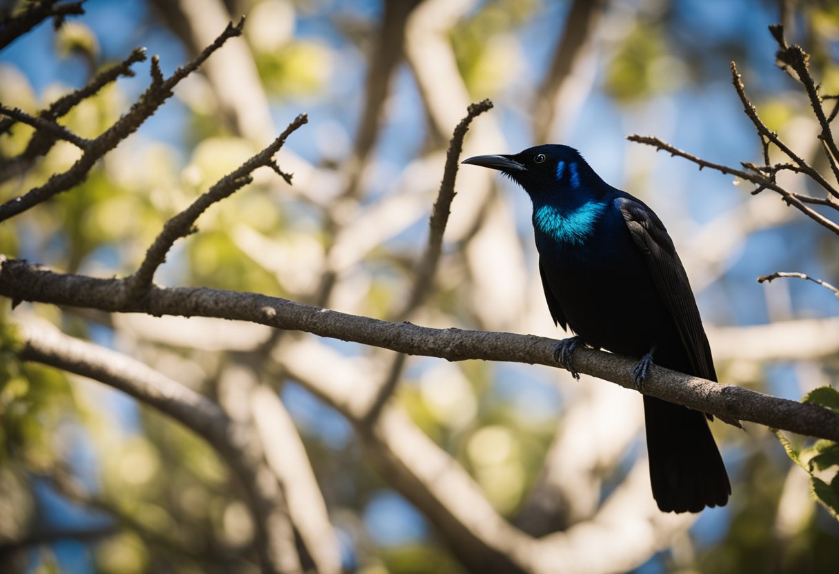 A grackle perched on a tree branch, its iridescent feathers catching the sunlight. The bird exudes a sense of mystery and wisdom, embodying the spirit and totem animal of the grackle