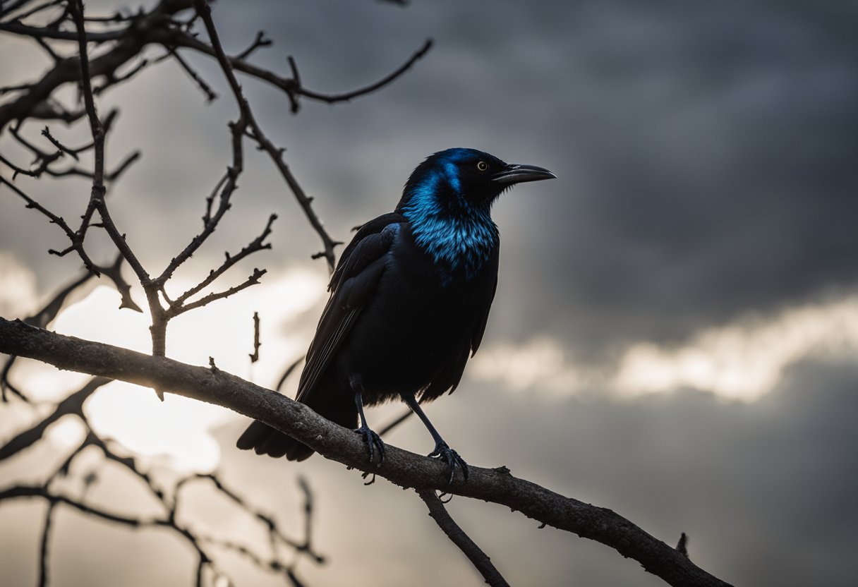 A grackle perched on a bare tree branch, its glossy black feathers catching the sunlight. In the background, a storm cloud looms, representing the duality of light and darkness in the spiritual meaning of the grackle