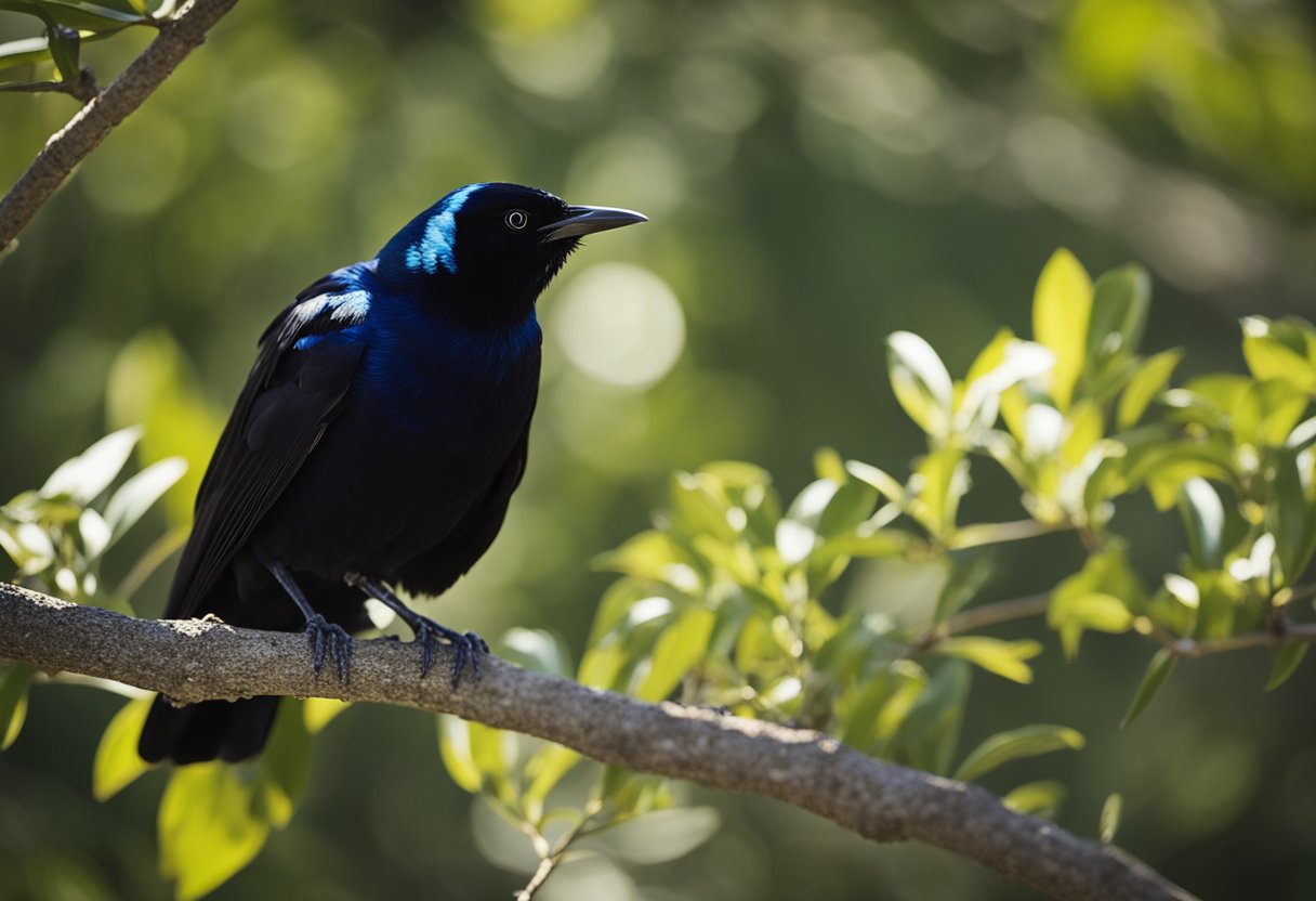 A grackle perched on a branch, its glossy black feathers shimmering in the sunlight. Its beady eyes seem to convey wisdom and insight, as it emits a series of distinctive calls