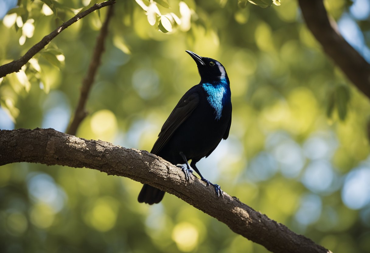 A grackle perched on a tree branch, its glossy black feathers shimmering in the sunlight. Its beady eyes fixate on something in the distance, conveying a sense of mystery and ancient wisdom