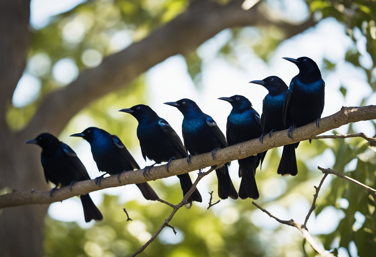 A flock of grackles perched on a tree branch, their glossy black feathers shimmering in the sunlight. The birds emit a cacophony of calls, creating a lively and dynamic scene