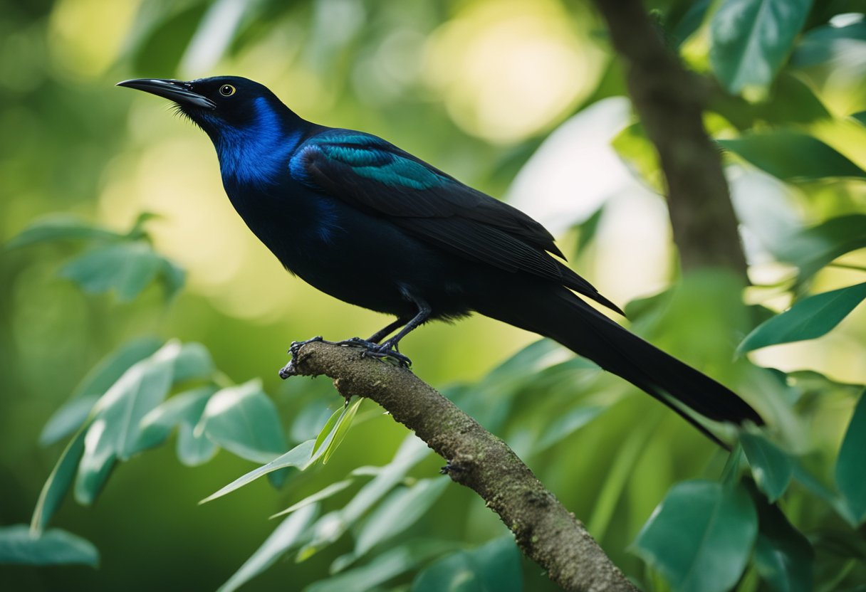 A grackle perches on a tree branch, surrounded by lush greenery and a variety of wildlife. The sun casts a warm glow on the scene, symbolizing the interconnectedness of the grackle with its ecosystem