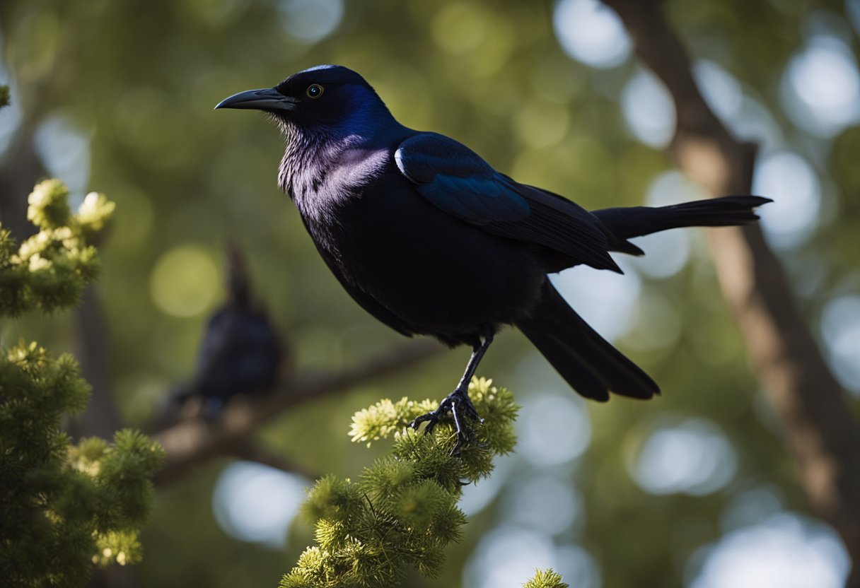 A grackle perched on a tree branch, surrounded by symbols of spirituality such as incense, candles, and sacred texts. The bird exudes a sense of wisdom and connection to the divine