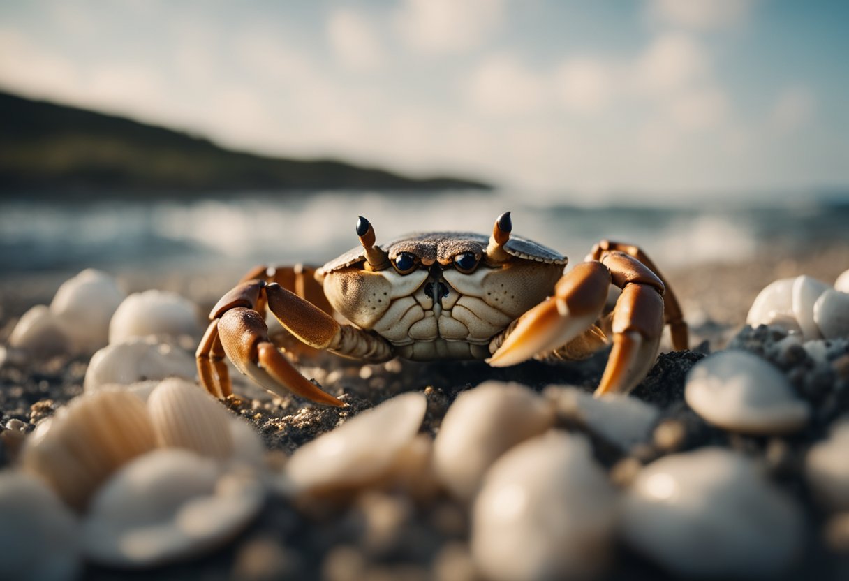 A crab with its claws raised, standing on the shore, surrounded by seashells and waves crashing in the background