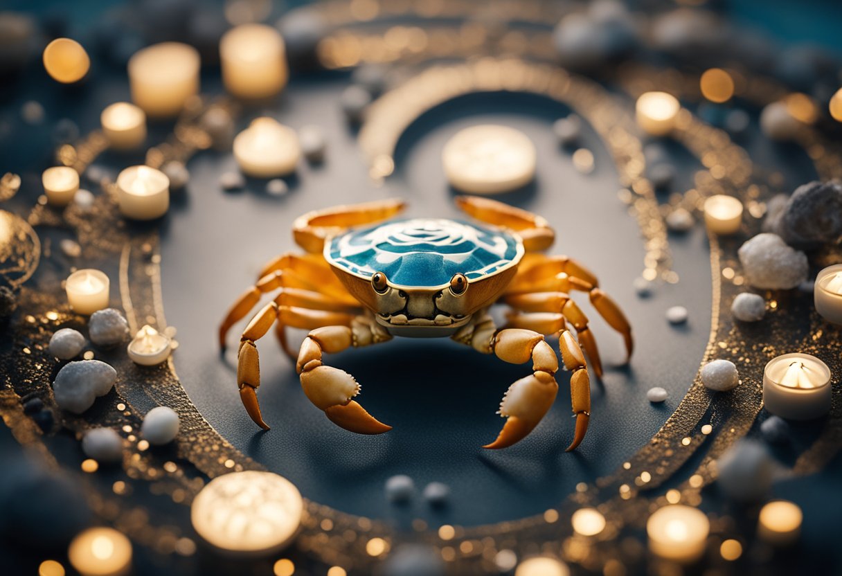 A crab reaching out to touch the symbols of the zodiac signs, surrounded by celestial elements and a sense of spiritual energy