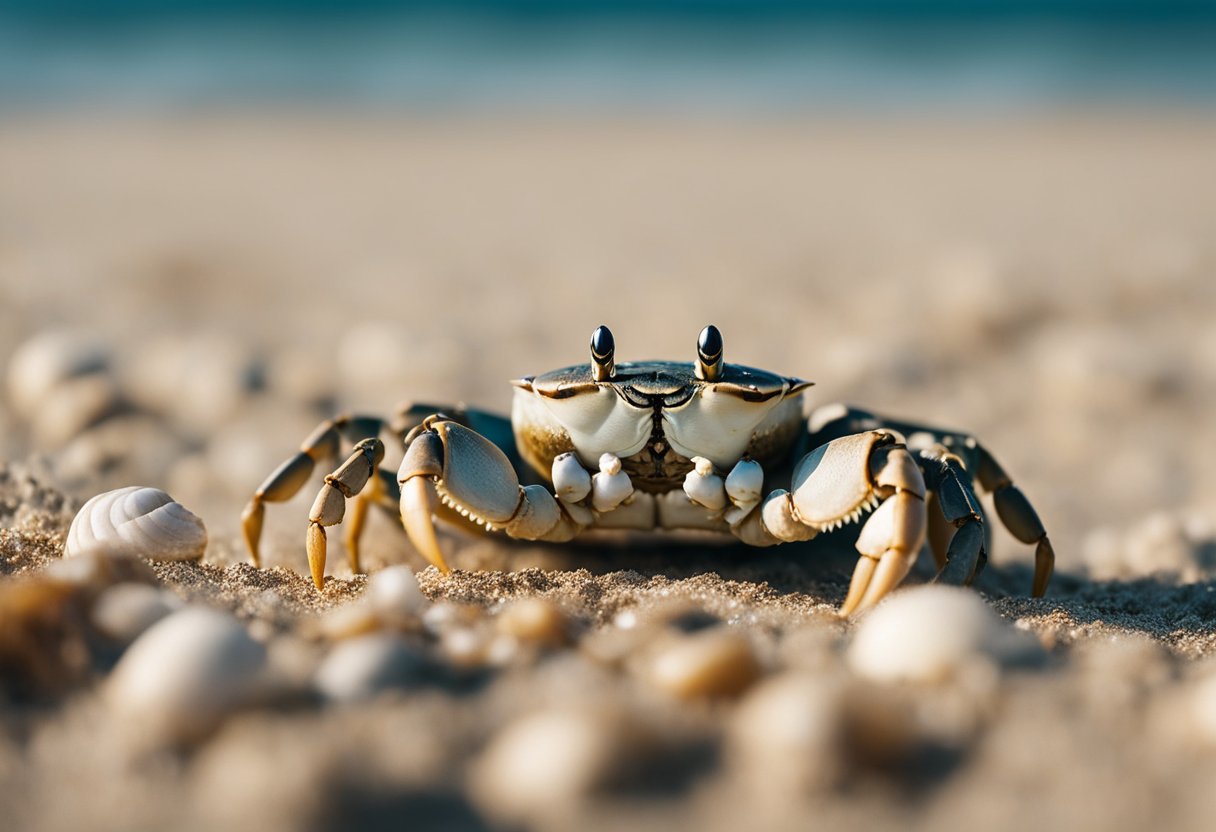 A crab scuttles along the shoreline, navigating through the sand and shells. Its cautious movements and protective shell symbolize resilience and adaptability