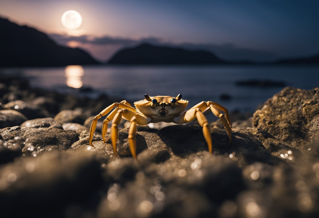 A crab stands tall on a rocky shore, its pincers raised in a defensive posture. The moon looms large in the night sky, casting an ethereal glow over the scene