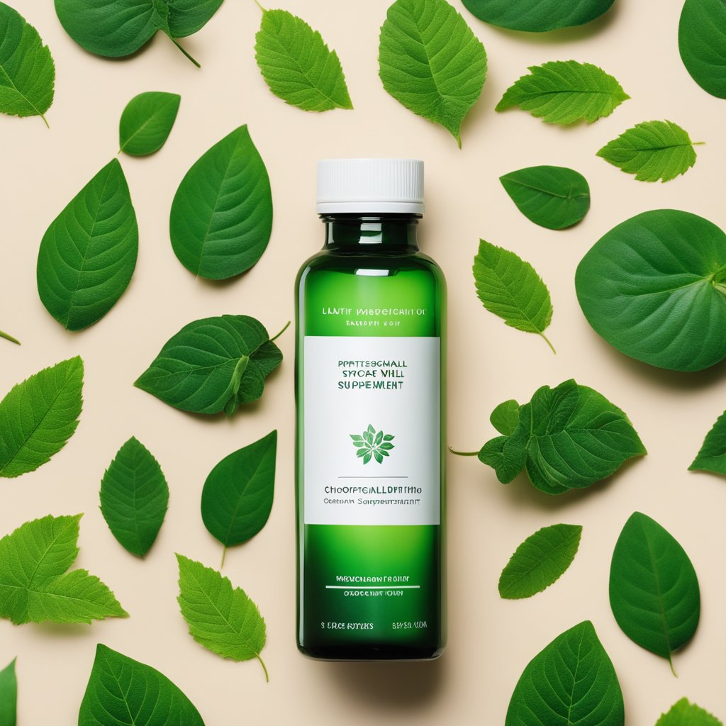Lush green leaves and vibrant plants surround a bottle of chlorophyll supplement, radiating health and vitality