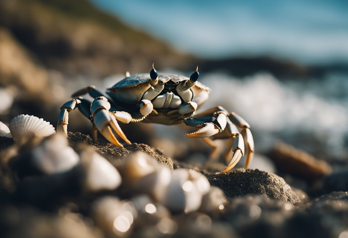 A crab perched on a rocky shore, claws raised in a defensive stance, surrounded by swirling ocean waves and seashells