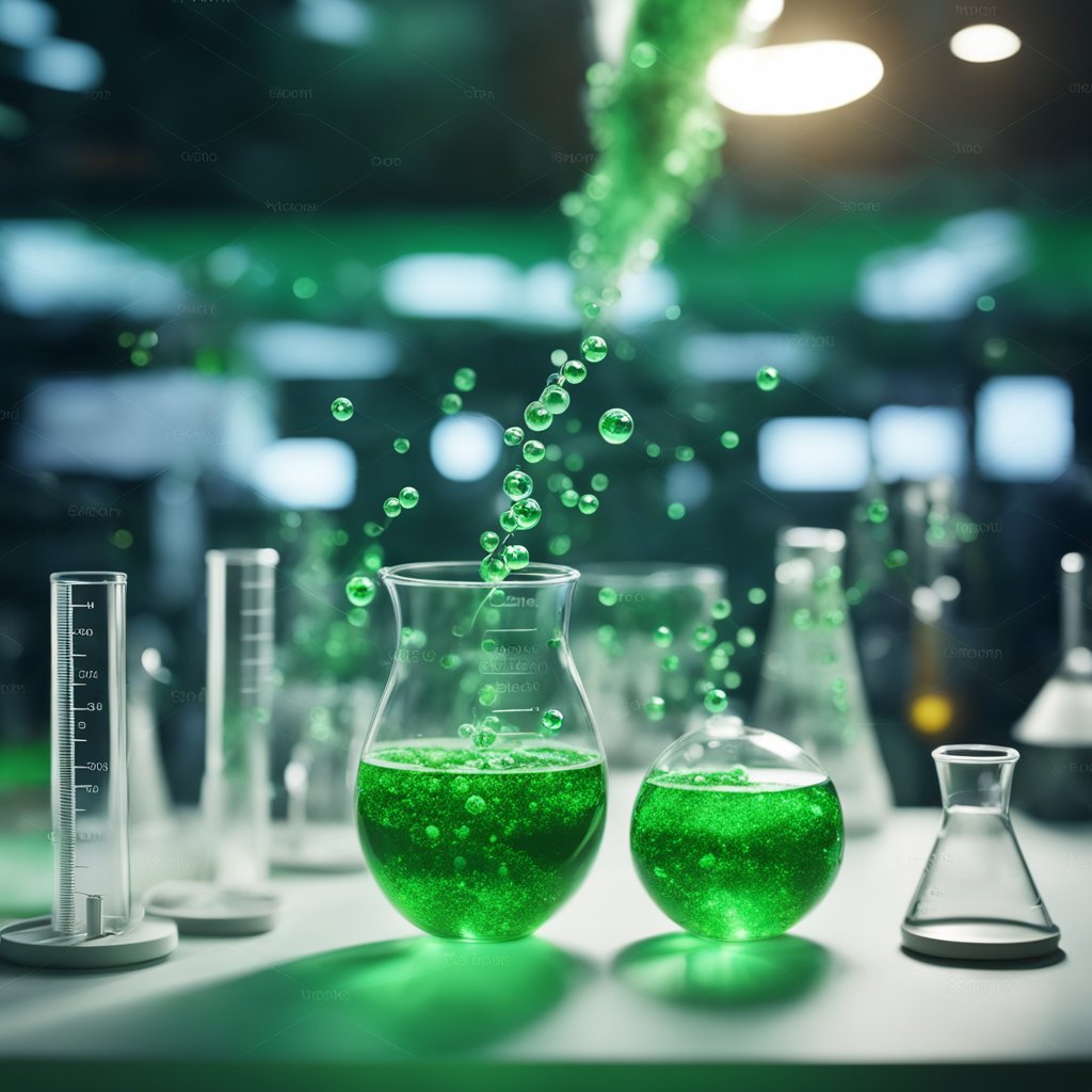 Vibrant green chlorophyll molecules swirling in a laboratory beaker, illuminated by a beam of light, surrounded by scientific equipment and test tubes