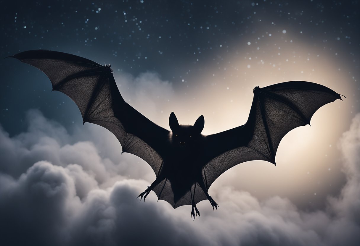 A bat hovers in a moonlit sky, surrounded by swirling mist. Its wings are spread wide as it gazes down with piercing eyes