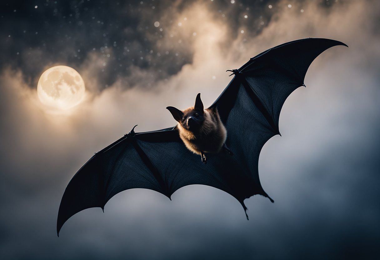 A solitary bat glides through a moonlit sky, surrounded by swirling mist and mysterious shadows, evoking a sense of otherworldly presence and spiritual significance