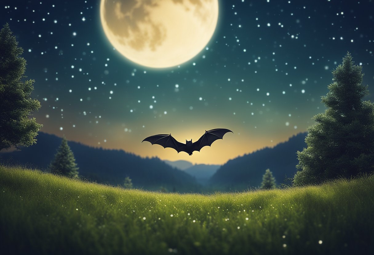 A bat flying over a peaceful meadow at dusk, surrounded by twinkling stars and a crescent moon