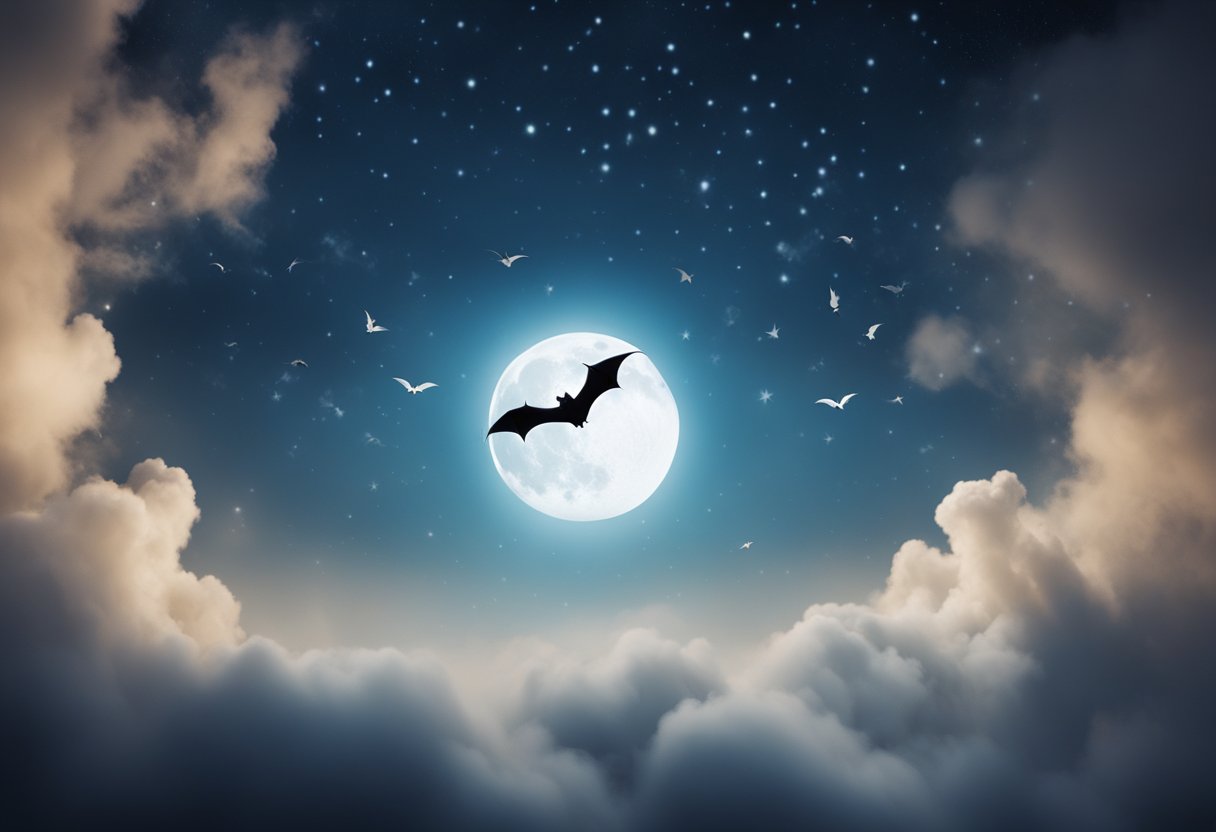 A bat flying through a moonlit sky, surrounded by swirling mist, with symbols of spiritual significance floating around it