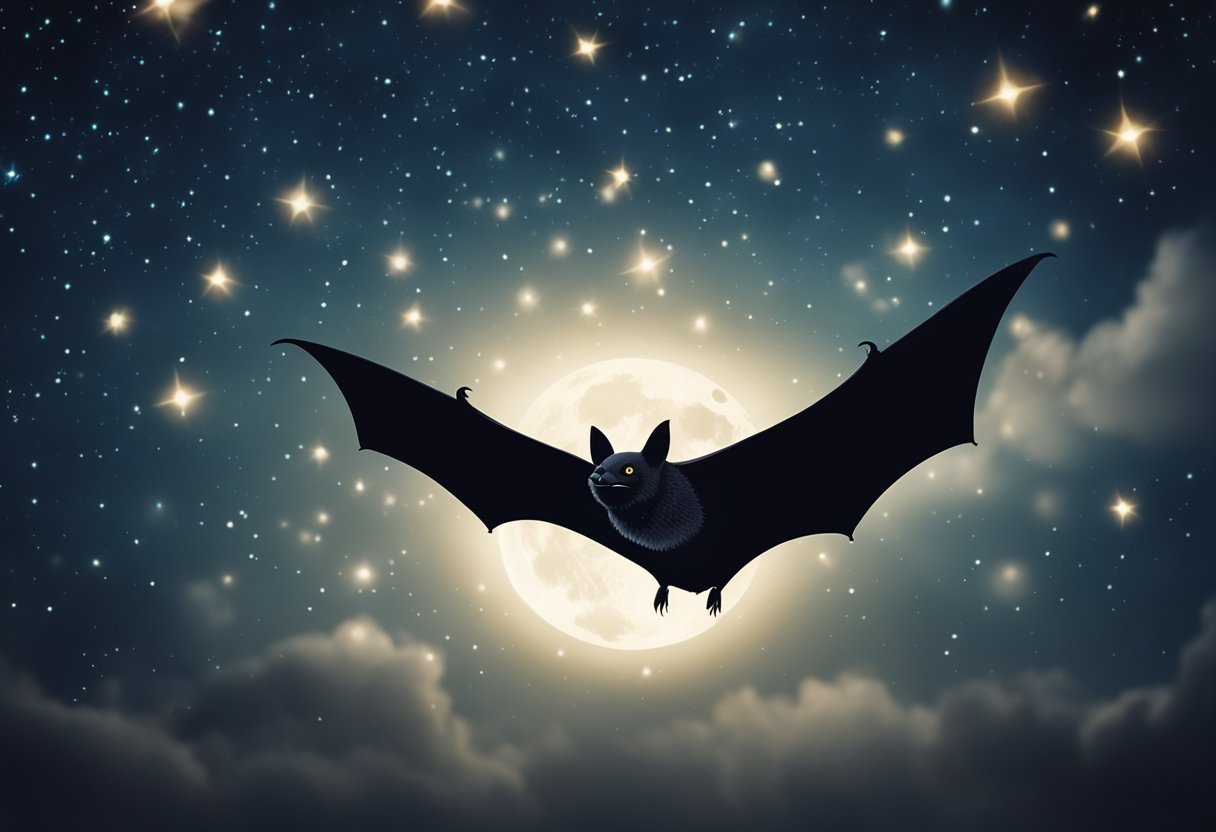 A bat flying through a moonlit sky, surrounded by stars, with a sense of mystery and spirituality in the air