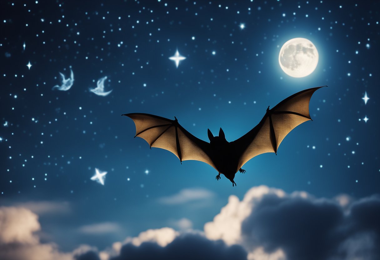 A bat flying gracefully through a moonlit sky, surrounded by mystical symbols and a sense of mystery and intuition
