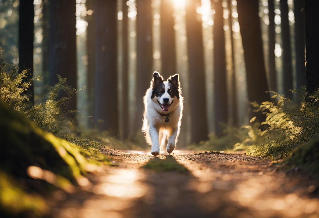 A dog crosses a forest path, head held high, eyes alert, as beams of sunlight break through the trees, casting a warm glow around the animal