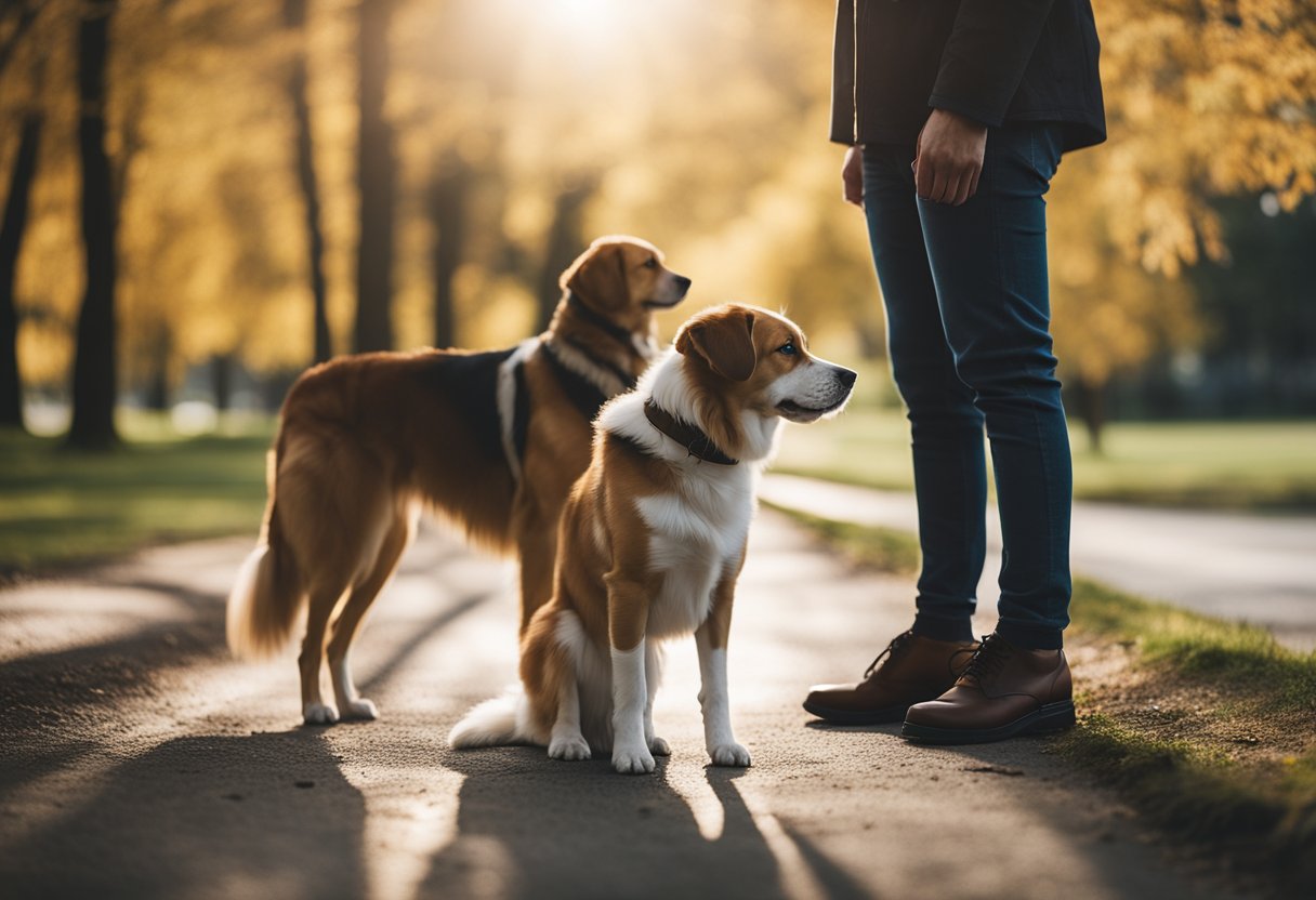 A dog and a person stand facing each other, their eyes locked in a deep and meaningful connection, surrounded by a serene and peaceful atmosphere