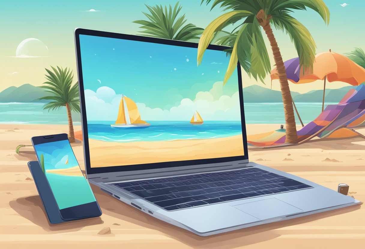 A laptop open on a beach sand along with the phone, surrounded by palm trees and a distant ocean.