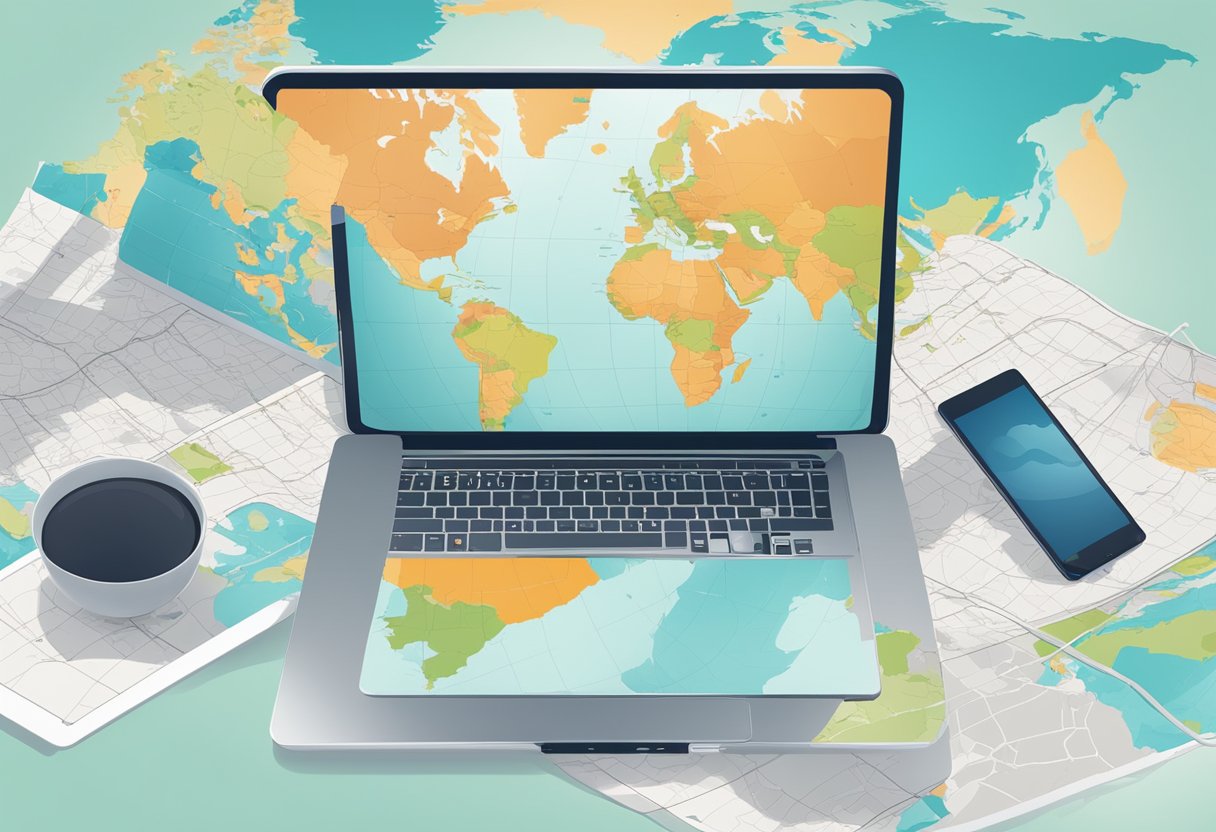 A laptop, smartphone, and tablet arranged on a desk with a map of the world in the background.