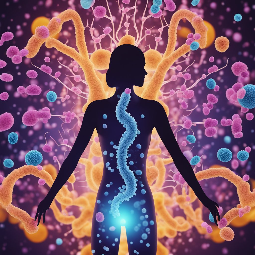 A woman's silhouette surrounded by vibrant, healthy bacteria in a vaginal environment