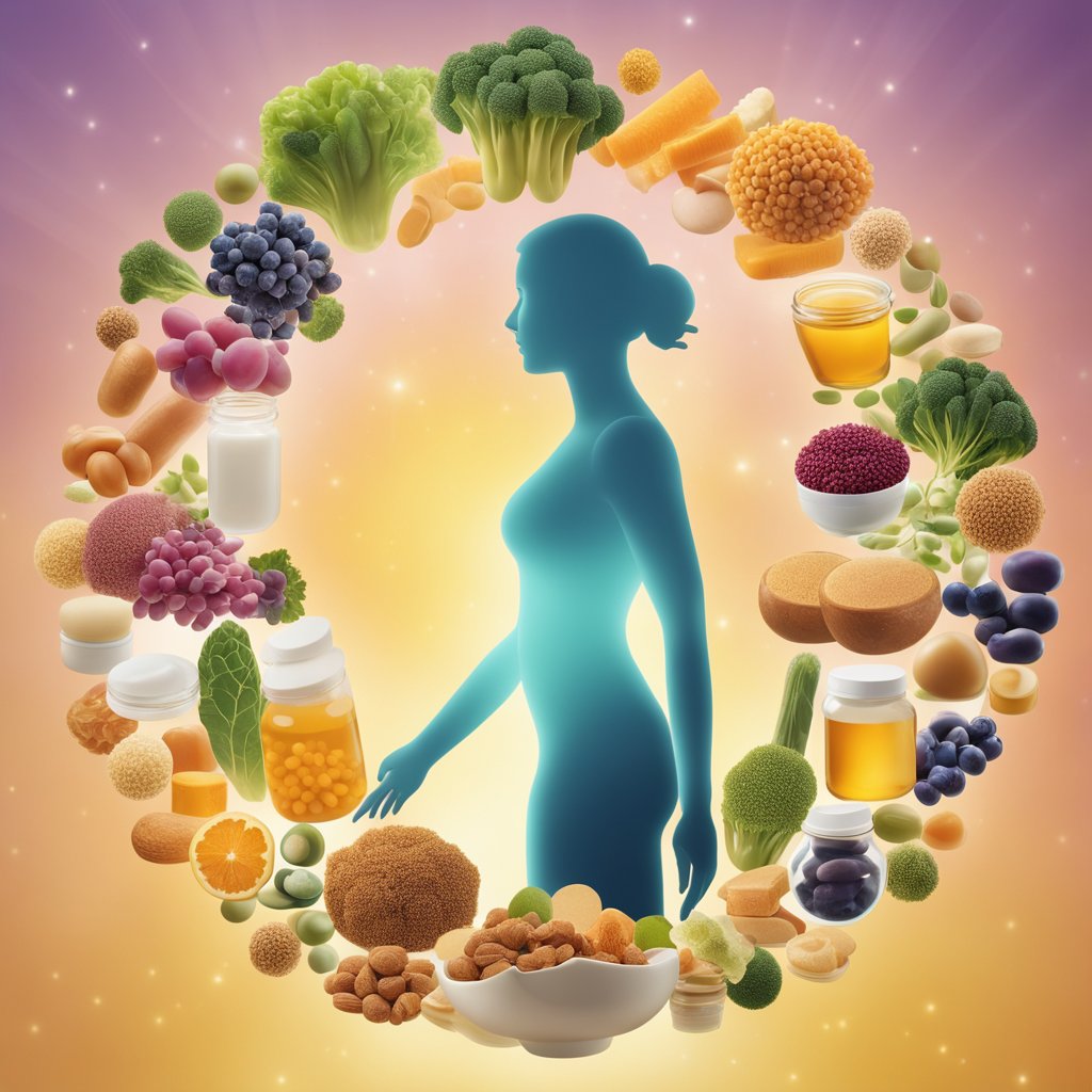 A woman's silhouette surrounded by various probiotic-rich foods and supplements, with a focus on the vaginal area. A glowing, healthy aura emanates from the woman, symbolizing the benefits of probiotics for women's vaginal health
