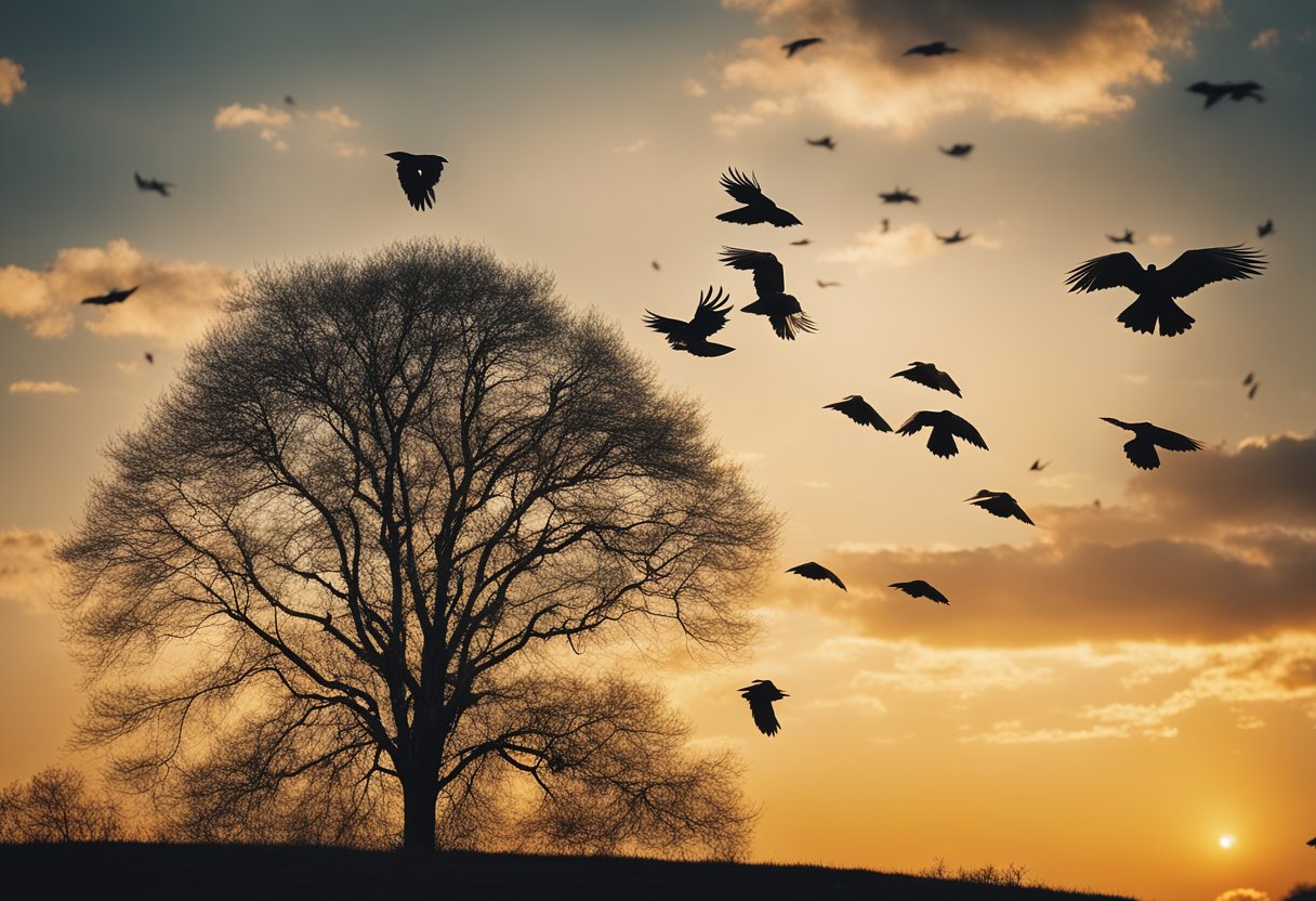 Crows circling above a solitary tree, their black wings outstretched against a golden sunset, evoking a sense of mystery and spiritual symbolism