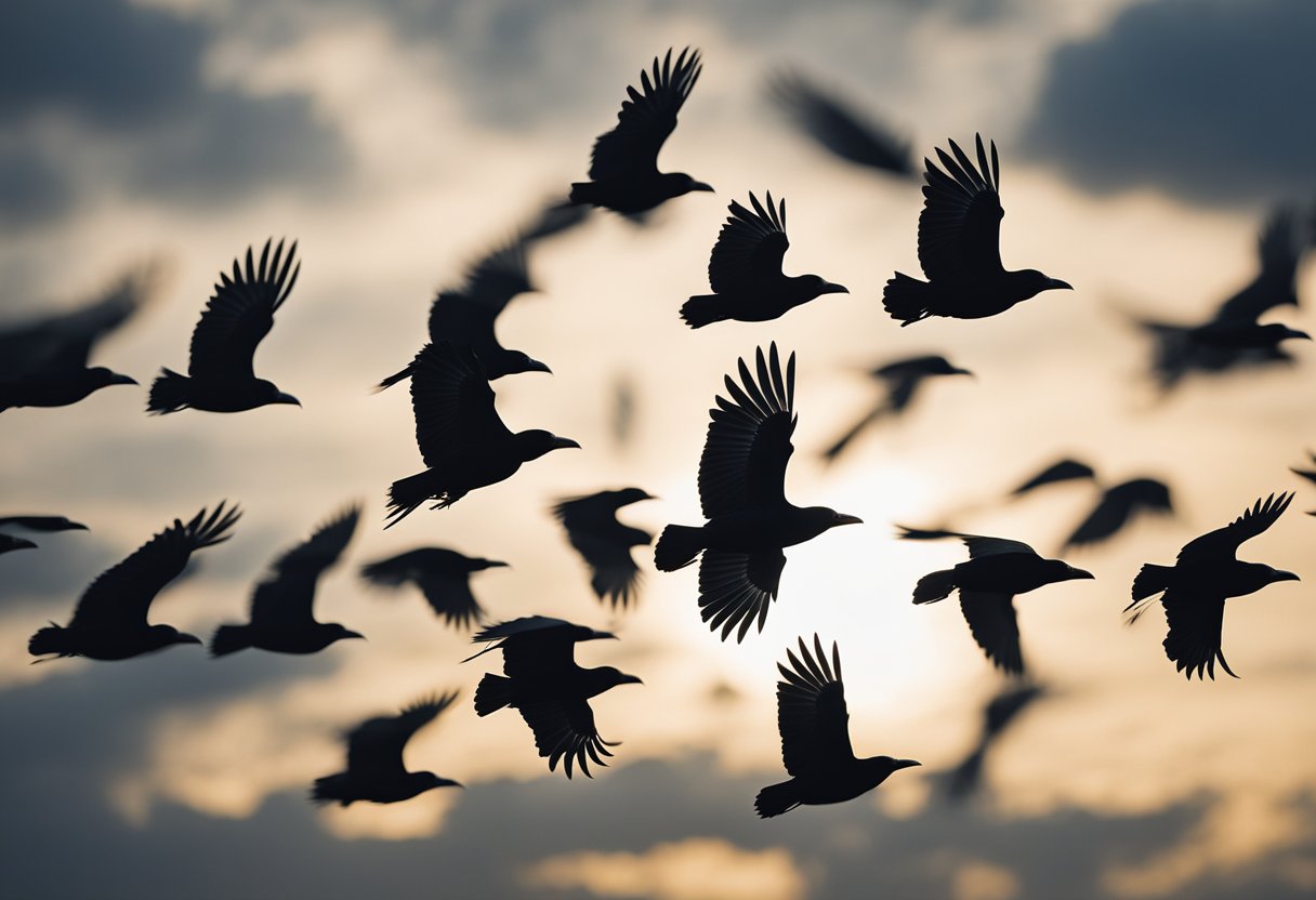 Crows circle in the sky, their black wings outstretched, forming a mesmerizing pattern. Their behavior suggests a spiritual significance, evoking a sense of mystery and ancient wisdom