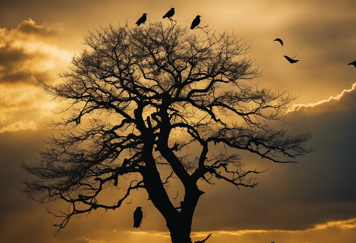 Crows circle above a solitary tree, conveying spiritual messages. Their dark forms contrast against the golden sky, evoking a sense of mystery and ancient wisdom