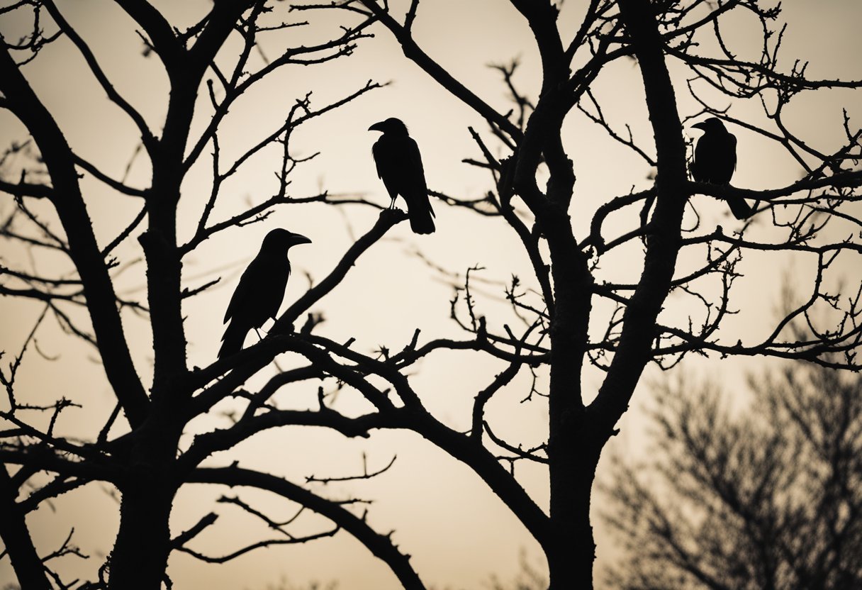 Crows circle above a barren tree, symbolizing change and spiritual significance