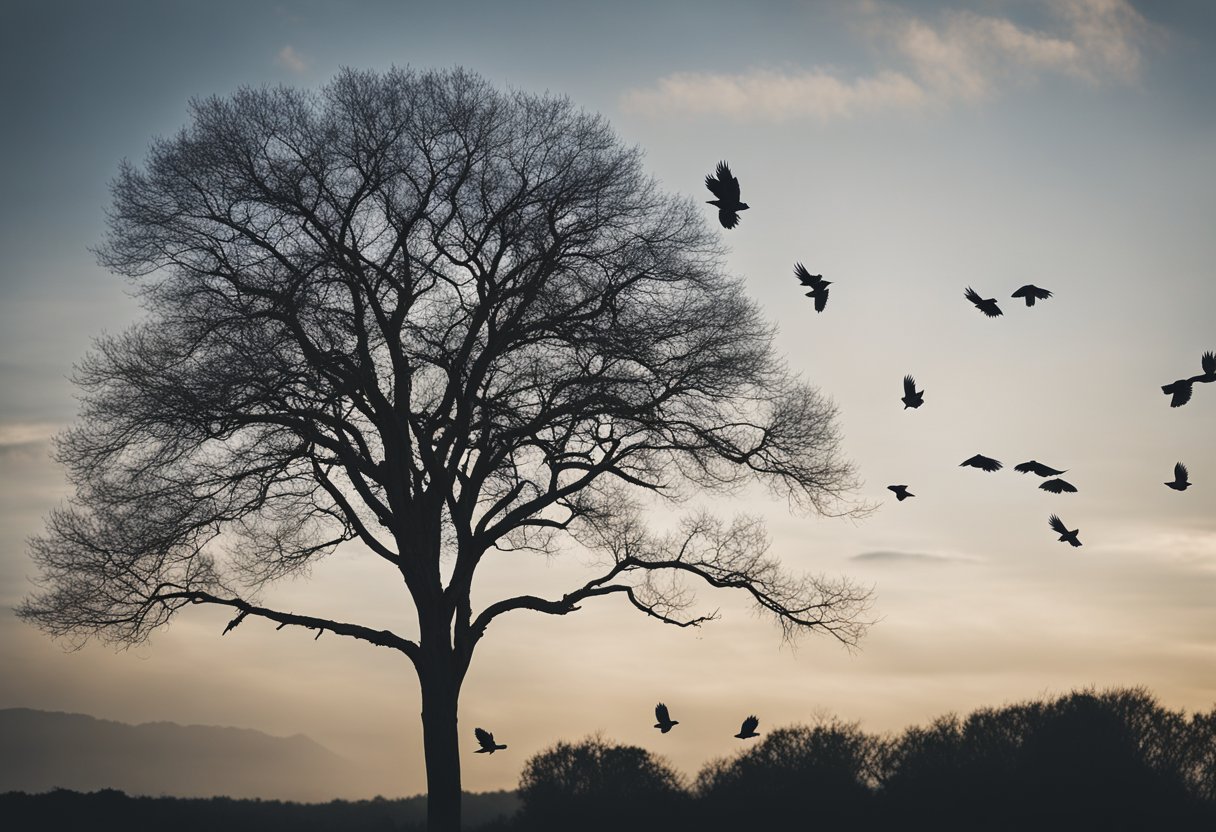 Crows circle above a solitary tree, their black silhouettes stark against the pale sky, evoking a sense of mystery and spiritual significance