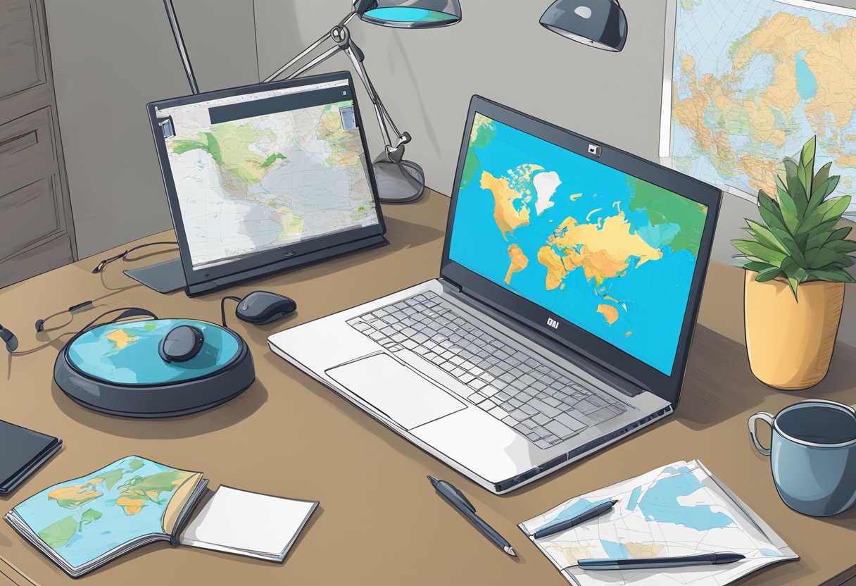 A laptop notebook and different maps arranged on a desk with some office essentials.