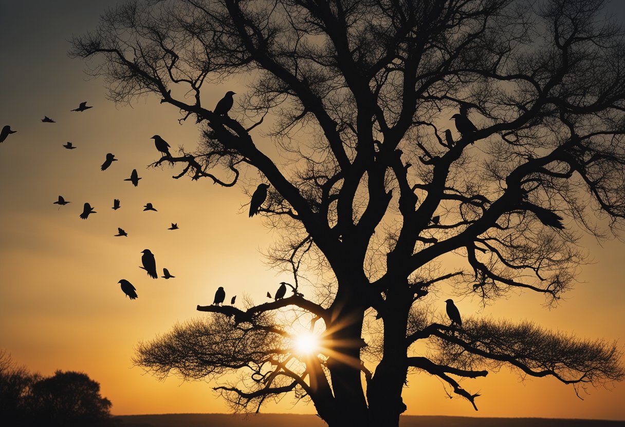Crows circle above a solitary tree, their dark forms silhouetted against the setting sun, conveying a sense of ancient wisdom and spiritual significance