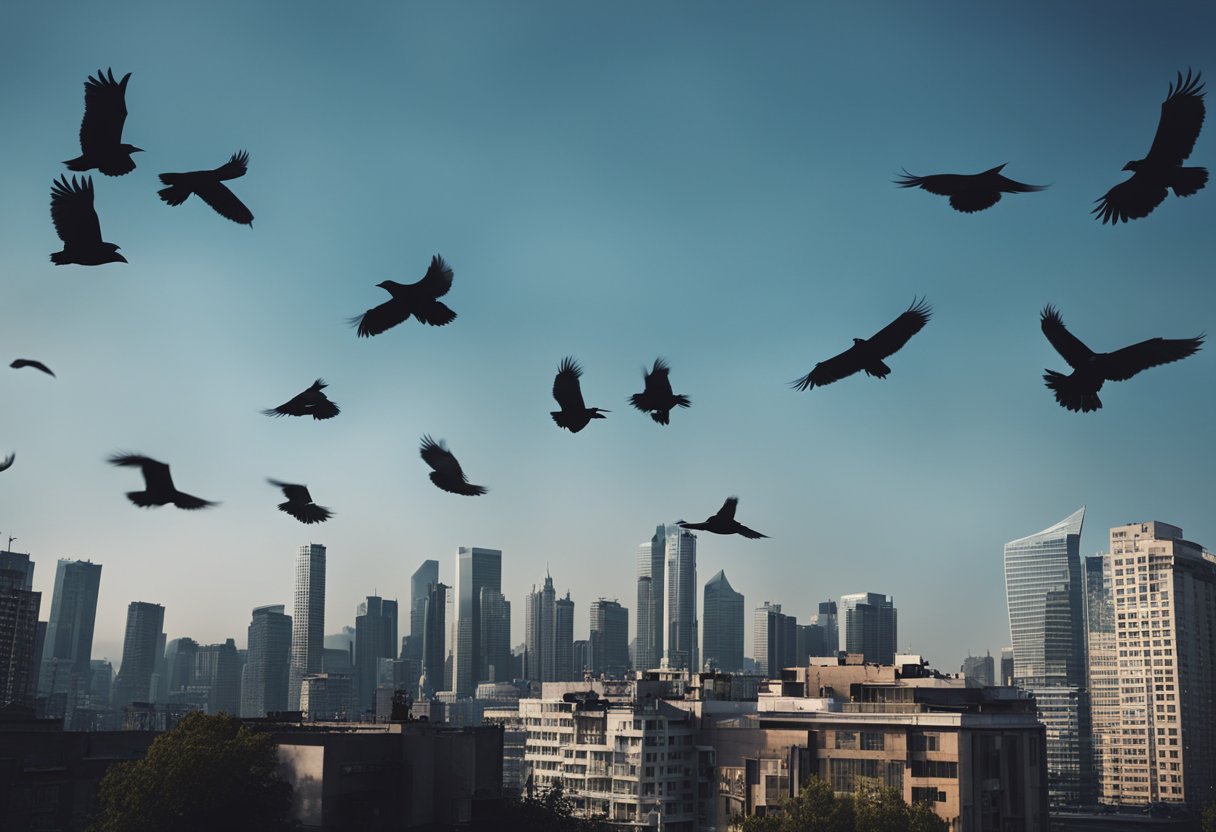 Crows circle above a city skyline, their black silhouettes contrasting against the modern buildings. The scene exudes a sense of mystery and spirituality, with the crows symbolizing ancient wisdom and guidance