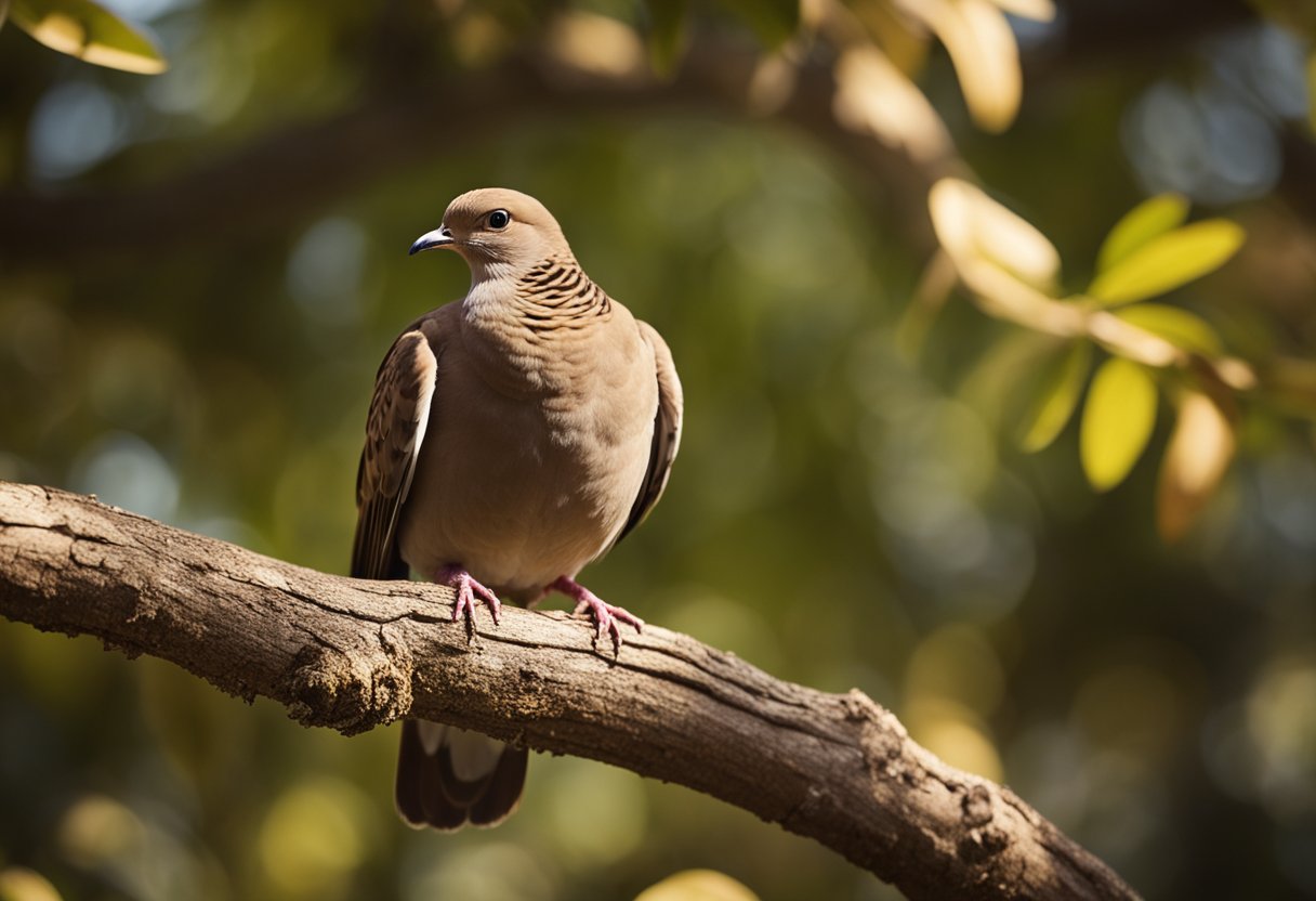 A brown dove perched on a tree branch, with sunlight illuminating its feathers, symbolizing peace and spiritual guidance