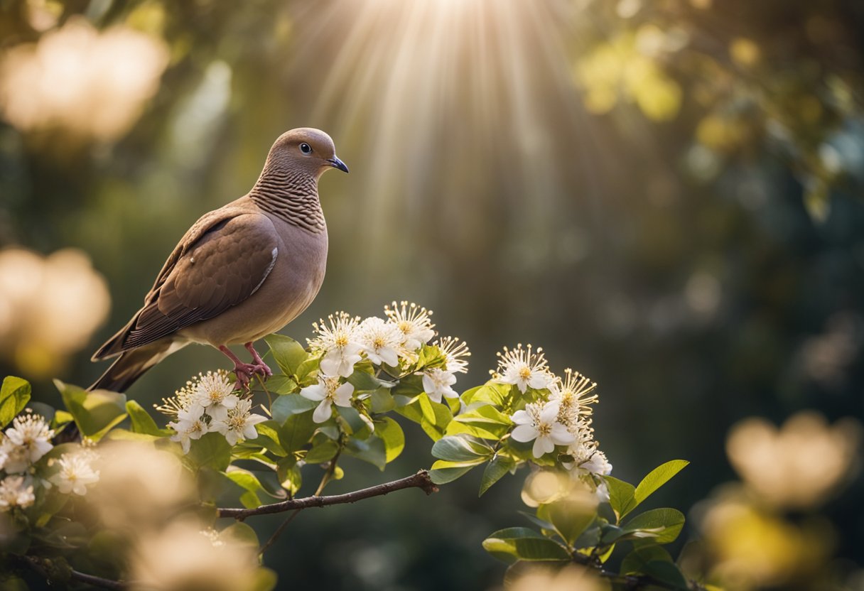 A brown dove perched on a branch, surrounded by rays of light and blooming flowers, symbolizing peace, hope, and spirituality