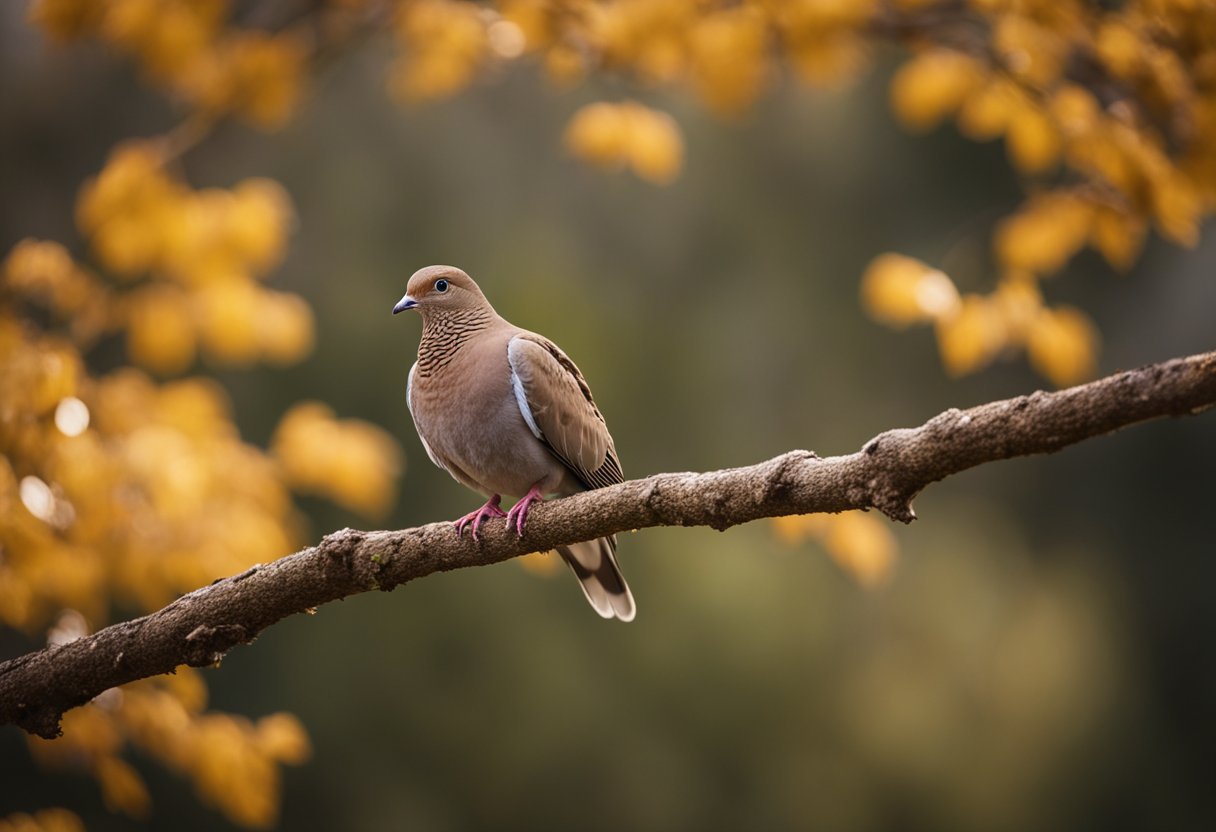 A brown dove perched on a branch, surrounded by changing seasons and landscapes, symbolizing life transitions and spiritual growth
