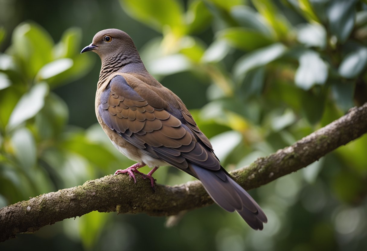 A brown dove perches on a tree branch, surrounded by a peaceful garden. It gazes calmly ahead, embodying spiritual wisdom and understanding