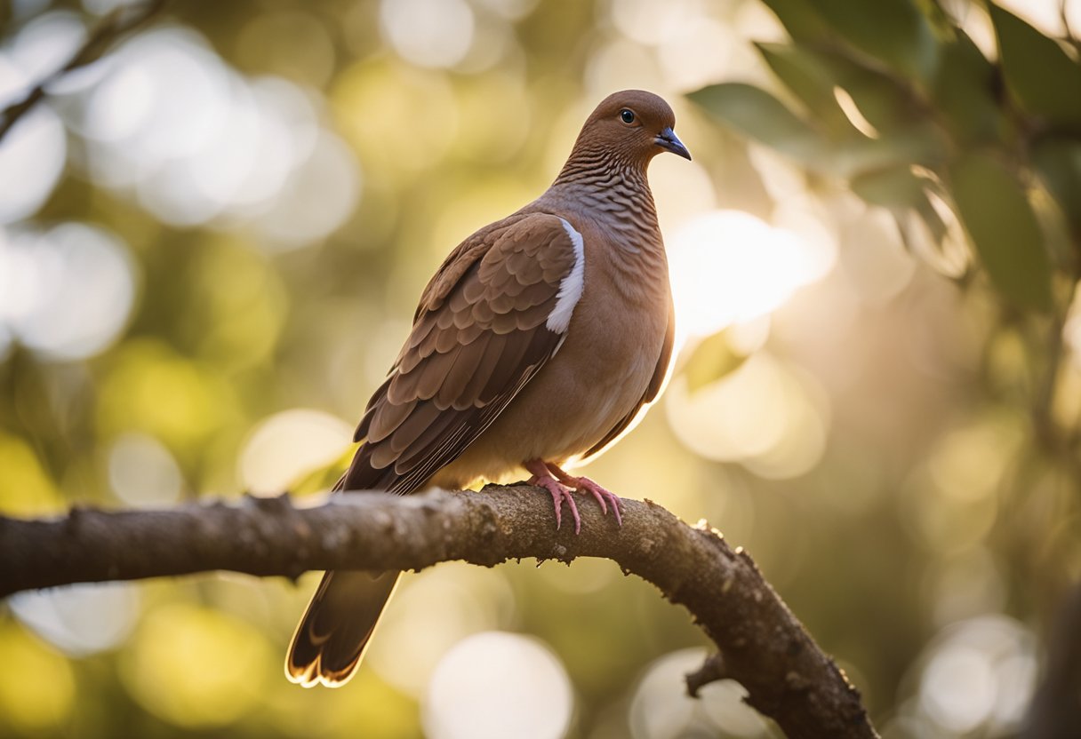 A brown dove perched on a branch, surrounded by soft, warm sunlight. A gentle breeze ruffles its feathers, creating a sense of peace and tranquility