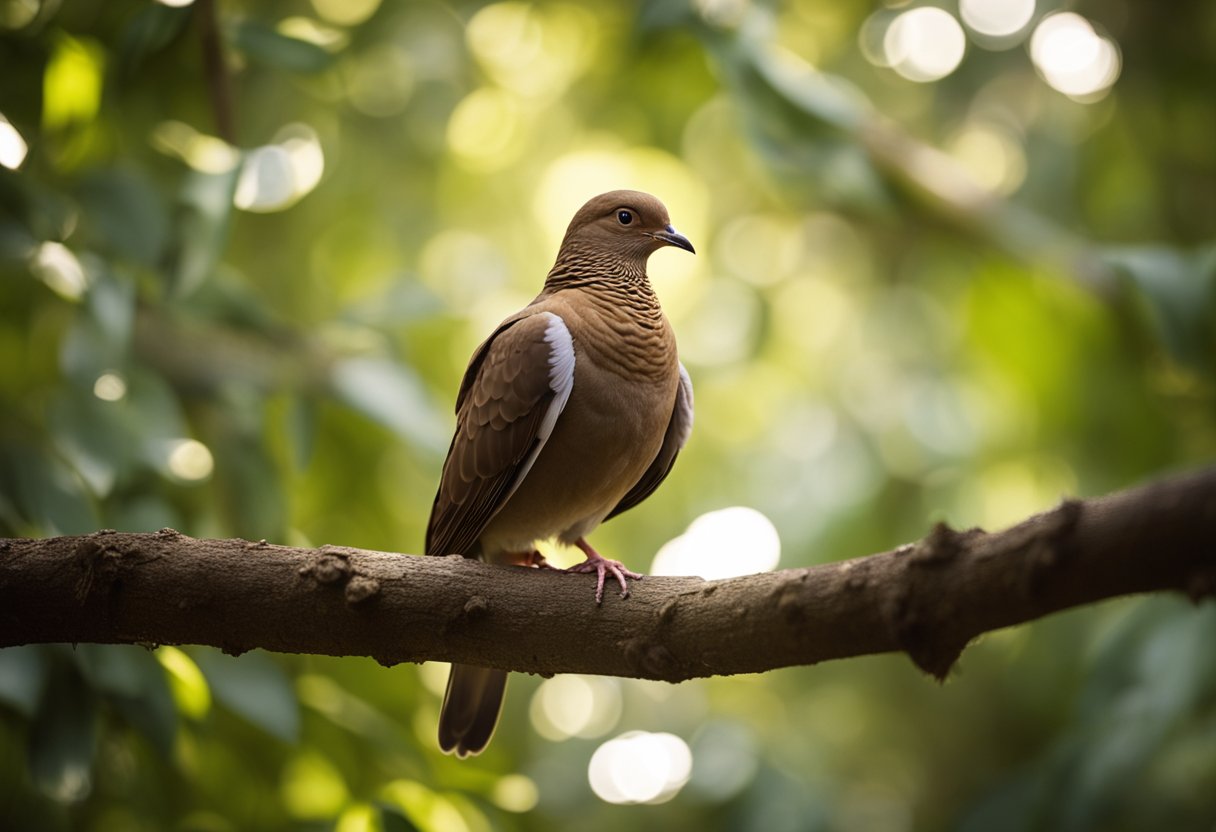 A brown dove perches on a branch, surrounded by rays of light, symbolizing peace and spirituality in religious texts